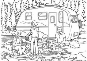 ai generativo feliz família tendo Diversão acampamento dentro a floresta foto
