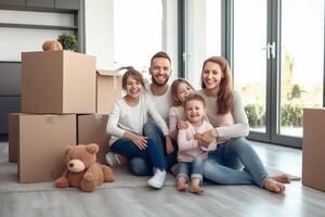 ai generativo feliz família comovente dentro Novo casa jovem casal tendo Diversão para dentro Novo apartamento pessoas e deslocalização conceito foto