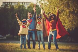 ai generativo feliz família jogando juntos lado de fora criança dentro uma Super heroi traje tendo Diversão com mãe e Papai dentro a parque às pôr do sol família amor e infância conceito foto