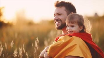 ai generativo feliz família jogando juntos lado de fora criança dentro uma Super heroi traje tendo Diversão com mãe e Papai dentro a parque às pôr do sol família amor e infância conceito foto