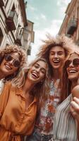 ai generativo feliz fêmea amigos levando selfie cenário com inteligente Móvel telefone dispositivo lado de fora três jovem mulheres tendo Diversão suspensão Fora dentro cidade rua adolescentes viciado para social meios de comunicação você foto