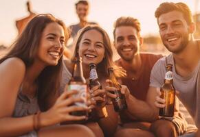 ai generativo feliz amigos torcendo Cerveja garrafas em verão pôr do sol fundo jovem pessoas a comemorar festa lado de fora feliz estilo de vida conceito com rapazes e meninas desfrutando dia Fora juntos foto