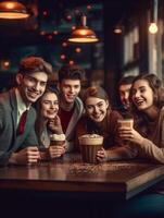 ai generativo feliz amigos tendo café da manhã juntos às cafeteria Barra grupo do jovem pessoas bebendo café e fresco suco sentado às Escovar restaurante Comida e beber conceito foto