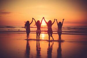 ai generativo feliz amigos tendo Diversão às pôr do sol de praia verão Férias conceito foto