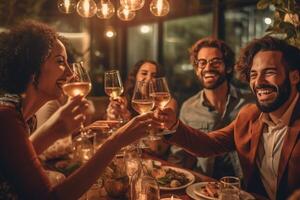 ai generativo feliz amigos brindar vermelho vinho óculos às jantar festa grupo do pessoas tendo almoço pausa às Barra restaurante vida estilo conceito com rapazes e meninas suspensão Fora juntos Comida e foto