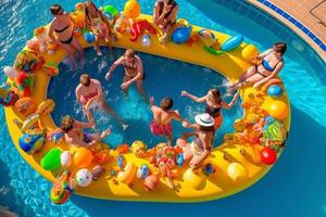 ai generativo feliz grupo do amigos desfrutando natação piscina festa às a recorrer segurando infláveis jovem pessoas exclusivo feriado com braços acima dentro a hotel foto