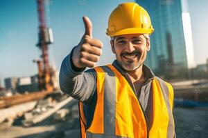 ai generativo feliz homem arquiteto às uma construção local leva uma selfie olhando às a Câmera foto