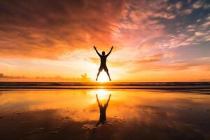 ai generativo feliz homem pulando às a de praia em uma pôr do sol fundo felicidade e liberdade conceito foto