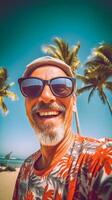 ai generativo feliz homem com chapéu e oculos de sol levando selfie cenário com Smartphone às a de praia alegre viajante tendo Diversão lado de fora bonito cara sorridente às Câmera foto