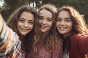 ai generativo feliz millennials meninas rindo e Mensagens em uma Smartphone ao ar livre três mulheres tendo Diversão sorridente levando uma foto com seus célula telefone