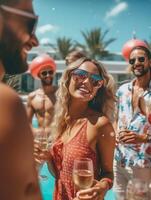 ai generativo feliz multirracial amigos tendo Diversão em uma piscina festa em período de férias luxo período de férias conceito com jovem pessoas dentro verão às hotel recorrer pov Visão foto