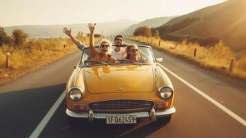 ai generativo feliz romântico casal dirigindo conversível carro em a estrada recém-casado em uma romântico encontro foto