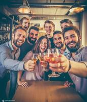 ai generativo feliz pessoas levando uma selfie às casa festa melhor amigos tendo Diversão interior bebendo Cerveja Conheça pessoas viajando conceito foto