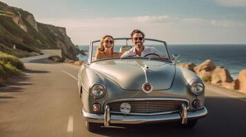 ai generativo feliz romântico casal dirigindo conversível carro em a estrada recém-casado em uma romântico encontro foto