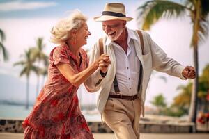 ai generativo feliz Senior casal tendo Diversão caminhando em cidade rua dois Mais velho turistas desfrutando juntos final de semana verão período de férias vida estilo turismo e romance momentos conceito foto