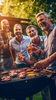 ai generativo feliz Senior grupo tendo churrasco jantar festa dentro casa quintal envelhecido amigos a comemorar horário de verão o jantar pausa lado de fora vida estilo conceito com aposentados desfrutando Tempo juntos foto