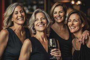 ai generativo feliz Senior mulheres bebendo vermelho vinho às Barra restaurante maduro pessoas tendo Diversão suspensão Fora em cidade rua vida estilo conceito com Mais velho amigos sorridente e rindo juntos foto