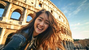 ai generativo feliz turista levando uma selfie às a Coliseu dentro Roma Itália foto