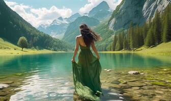 ai generativo feliz mulher viagem lago do braies Itália menina com braços estendido desfrutando natureza foto