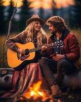 ai generativo feliz jovem casal sentado perto fogueira e jogando guitarra foto