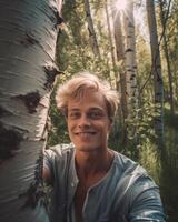 ai generativo feliz jovem homem levar uma selfie em uma excursão dentro a floresta às verão bonito cara levando uma auto retrato com dele Smartphone foto