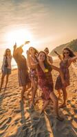 ai generativo feliz jovem adolescentes dançando às a de praia em lindo verão pôr do sol caucasiano pessoas foto