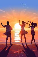 ai generativo feliz jovem adolescentes dançando às a de praia em lindo verão pôr do sol caucasiano pessoas foto