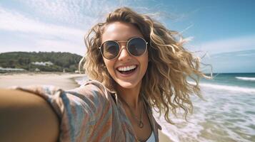 ai generativo feliz jovem turista levando selfie às de praia em período de férias milenar menina tendo Diversão sorridente às Câmera pessoas e feriados conceito foto