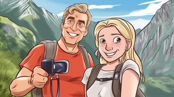 ai generativo caminhante levando uma selfie com inteligente telefone Móvel em a topo do a montanha homem caminhada ao ar livre pessoas esporte e tecnologia conceito foto