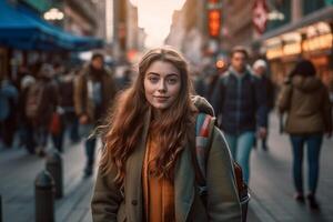 ai generativo imagem do uma jovem viajante somente chegado dentro Novo Iorque cidade segurando dela mochila foto