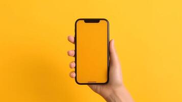 ai generativo isolado mulher em uma amarelo fundo mostrando mostrando em branco tela Móvel telefone conceito sobre pessoas e tecnologia foto