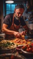 ai generativo italiano chefe de cozinha do uma restaurante levando uma selfie cozinhando espaguete Comida foto