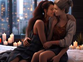 ai generativo lésbica casal se beijando em a cama gay mulheres juntos interior foto