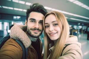 ai generativo amoroso casal levando selfie às aeroporto caucasiano pessoas conceito sobre pessoas estilo de vida e tecnologia foto