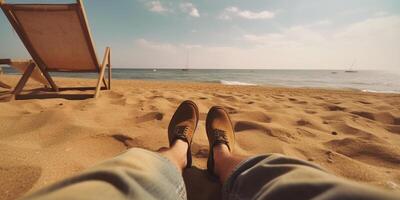 ai generativo homem em período de férias relaxante às a de praia pov Visão foto