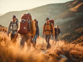 ai generativo homens é caminhada dentro a montanhas caminhando em uma Relva saudável estilo de vida caucasiano pessoas foto