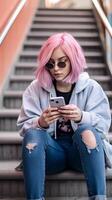 ai generativo milenar menina mascarar sentado dentro a cidade usando Móvel inteligente telefone com Preto tela fêmea aluna segurando telefone lado de fora escola jovem pessoas e tecnologia conceito foto