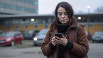 ai generativo milenar menina com face mascarar sentado dentro a cidade usando Móvel inteligente telefone com Preto tela fêmea aluna segurando telefone lado de fora escola Novo normal e tecnologia conceito foto