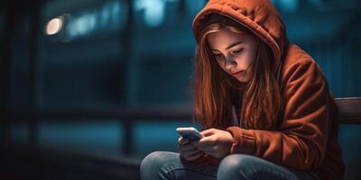 ai generativo milenar menina com face mascarar sentado dentro a cidade usando Móvel inteligente telefone com Preto tela fêmea aluna segurando telefone lado de fora escola Novo normal e tecnologia conceito foto