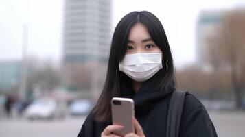 ai generativo milenar menina com face mascarar sentado dentro a cidade usando Móvel inteligente telefone com Preto tela fêmea aluna segurando telefone lado de fora escola Novo normal e tecnologia conceito foto