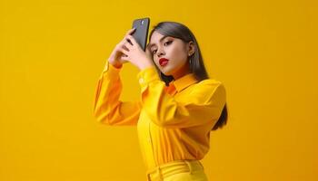 ai generativo milenar levando uma selfie usando inteligente telefone Móvel isolado em uma amarelo fundo jovem mulher partilha conteúdo em social meios de comunicação foto
