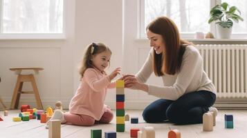 ai generativo mãe e criança menina jogando educacional brinquedos juntos dentro vivo quarto mãe e filha fazendo Atividades juntos às casa feliz família e babá conceito foto