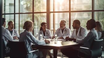 ai generativo multi étnico grupo do médicos sentado às mesa tendo encontro dentro a escritório Mais velho médico ensino em uma seminário dentro borda quarto educacional classe às convenção Centro saúde Cuidado li foto