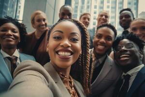 ai generativo multicultural grupo do amigos levando uma selfie com africano mulher dentro primeiro plano amizade conceito com jovem pessoas sorridente às Câmera foco em Preto menina foto