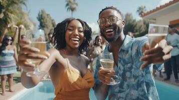 ai generativo multirracial amigos bebendo champanhe juntos em piscina festa diverso jovem pessoas tendo Diversão às uma feriado recorrer verão Férias conceito com rapazes e meninas suspensão lado de fora tog foto