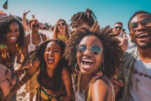 ai generativo multirracial grupo do amigos desfrutando feriado às de praia festa feliz jovem pessoas tendo Diversão juntos suspensão lado de fora juventude e verão período de férias conceito com rapazes e meninas às música foto