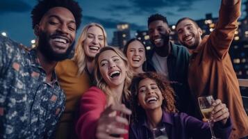 ai generativo multirracial grupo do amigos desfrutando refeição tendo quintal jantar festa jovem pessoas brindar coquetel óculos juntos às Barra restaurante social encontro conceito com rapazes e g foto