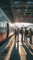 ai generativo multirracial grupo do pessoas caminhando às trem estação viagem feriado e período de férias Novo normal conceito foto