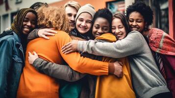 ai generativo multirracial grupo do pessoas abraçando ao ar livre feliz amigos tendo Diversão suspensão lado de fora juventude comunidade conceito com rapazes e meninas apoiando cada de outros foto