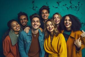 ai generativo multirracial grupo do jovem pessoas em pé dentro frente do amarelo isolado fundo juventude comunidade conceito com rapazes e meninas rindo olhando às Câmera brilhante cores foto